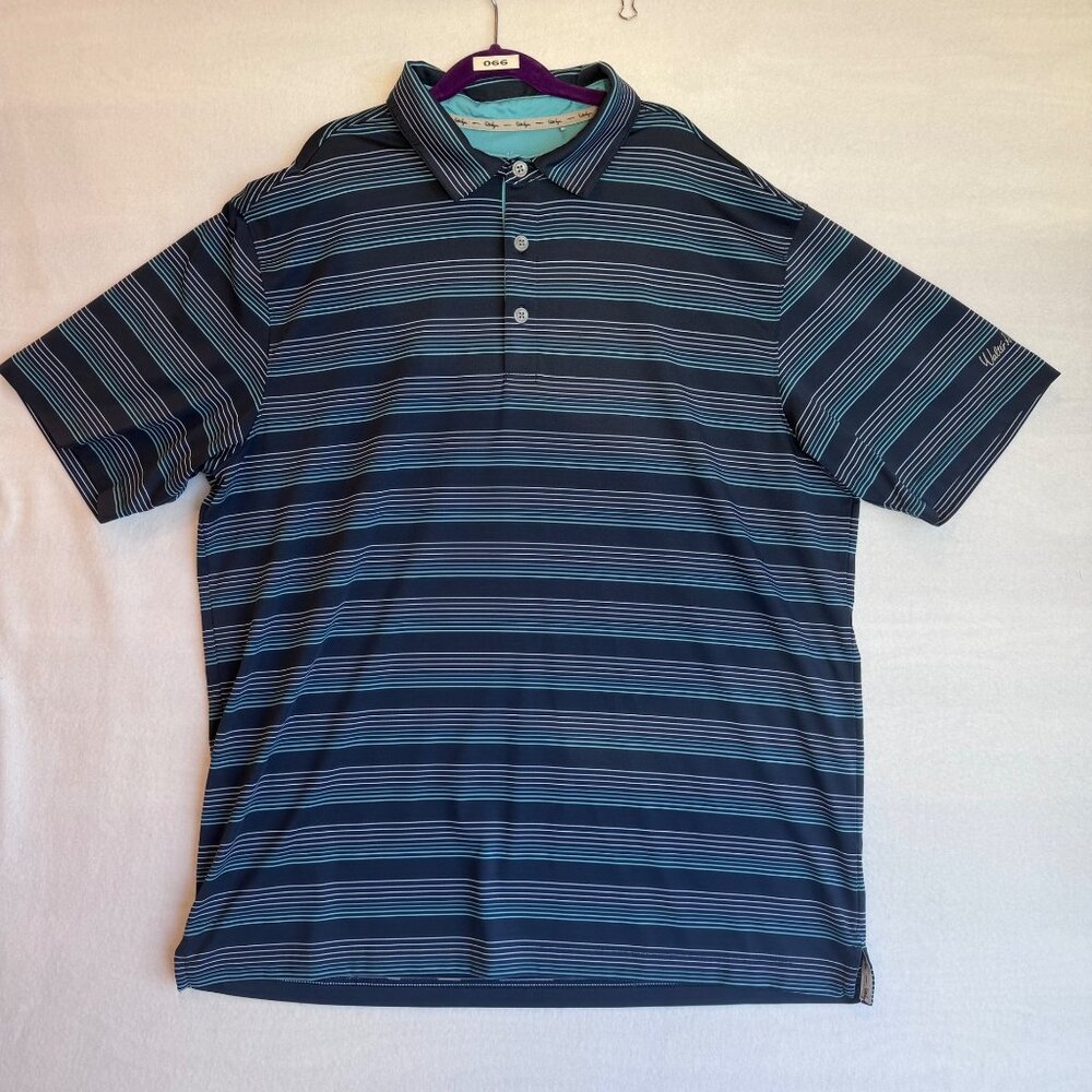 Men's Walter Hagen Polo Shirt Large Blue Stripes 11 Majors Golf Polyester